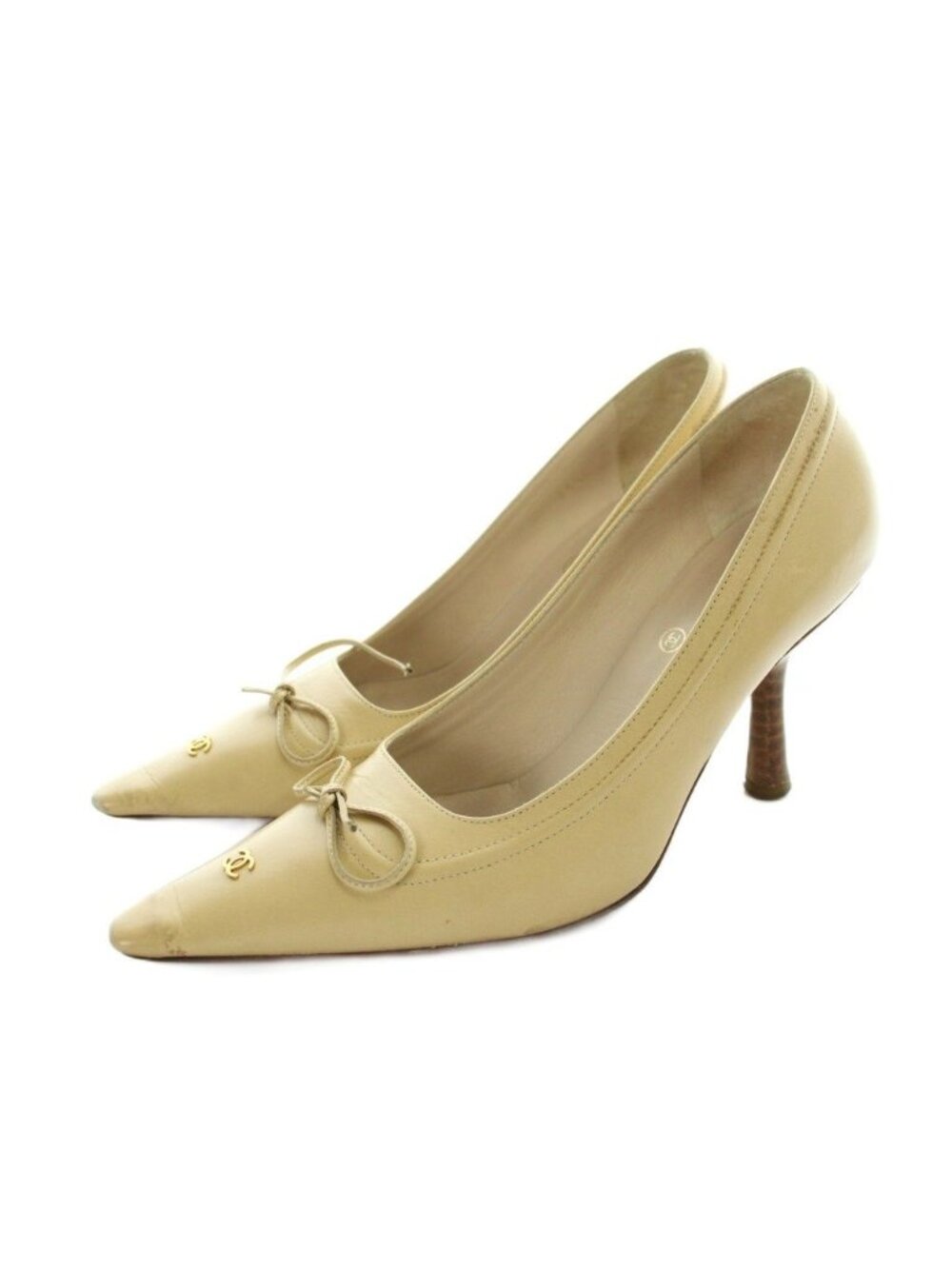 Chanel Pumps High Heels Logo Pointed Toe Ribbon CC Beige